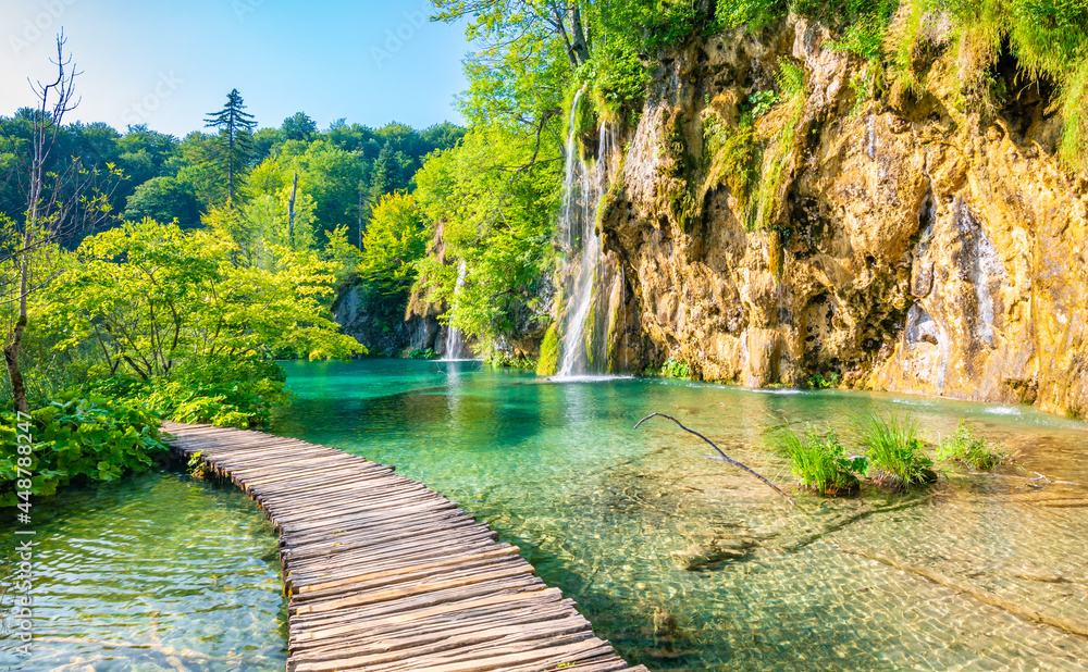 Fototapeta premium Wooden footpath at Plitvice national park, Croatia. Pathway in the forest near the lake and waterfall. Fresh beautiful nature, peaceful place. Famous tourist destination.