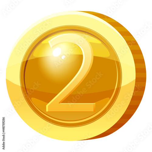 Gold Medal Coin Number 2 symbol. Golden token for games, user interface asset element. Vector illustration