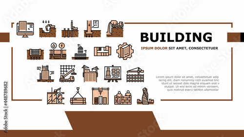 Building Construction Landing Web Page Header Banner Template Vector. Excavation And Footing Reinforcement, Columns Casting And Windows Installation, Building Process Illustration