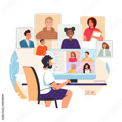 Video conference. Man at desk having videoconference with colleagues. Corporate video call, distant discussion, virtual chat. Friends talking online. Online business meeting vector illustration.