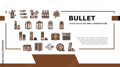 Bullet Ammunition Landing Web Page Header Banner Template Vector. Bullet Expelling From Gun Barrel Shooting And Hole, Cartridge, Armor Piercing, Boat Tail And Soft Point Illustration