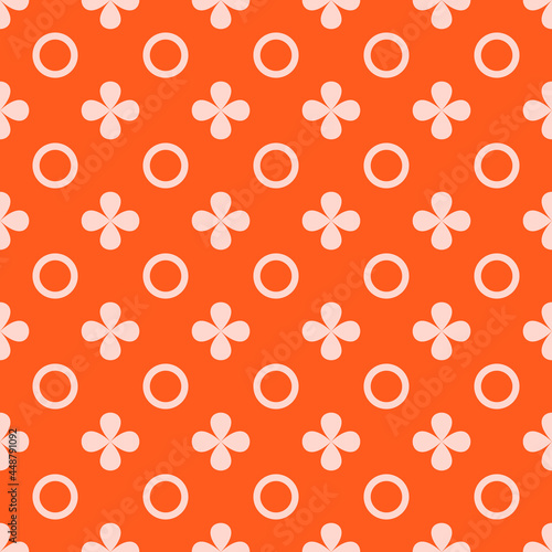 Orange color of background and seamless ornament. Rings and four petal shapes pattern. Vector.