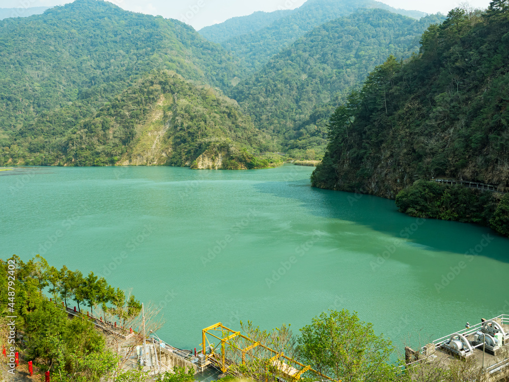 View of reservoir and mountain in Bukai village,Nantou County,Taiwan.