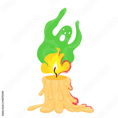 Halloween candle with green ghost in cartoon flat style. Night divination, summoning spirits and ghosts. Vector illustration in cartoon flat style isolated on white. Melted wax candle with spirit