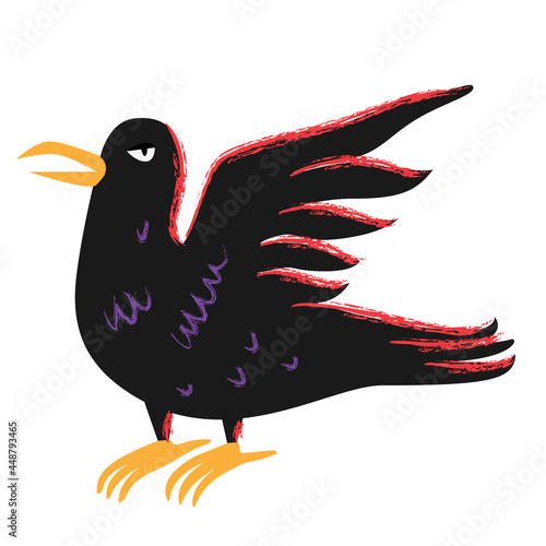 Black raven. The raven of the witch. Halloween crow black bird with open wings in cartoon flat style.