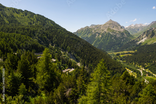 Beautiful view from the top of the Maloja pass in the Bregaglia valley between Switzerland and Italy. It is a beautiful sunny summer day, with blue sky and just a few clouds.