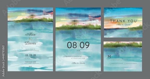 wedding invitation card, beach panorama, watercolor