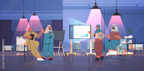 arab businesspeople team making financial presentation on digital board during conference meeting