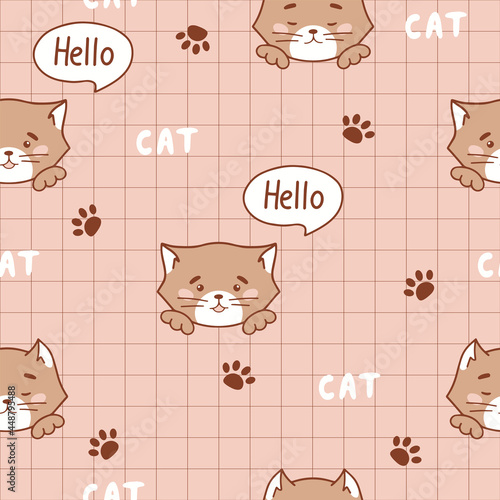 Cute kitty seamless pattern. Vector Checkered background with cartoon cat for unisex clothes, fabric, textile, cover or decoration. Funny purr kitten with footprints and text hello. Brown kitten print