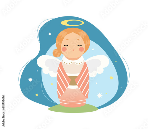 Cute Christmas Angel Blonde Girl with bun and nimbus praying isolated with halo. Blue and orange modern statuette illustration.	