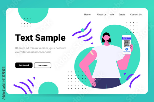 vaccinated woman using digital immunity passport on smartphone screen risk free covid-19 pandemic