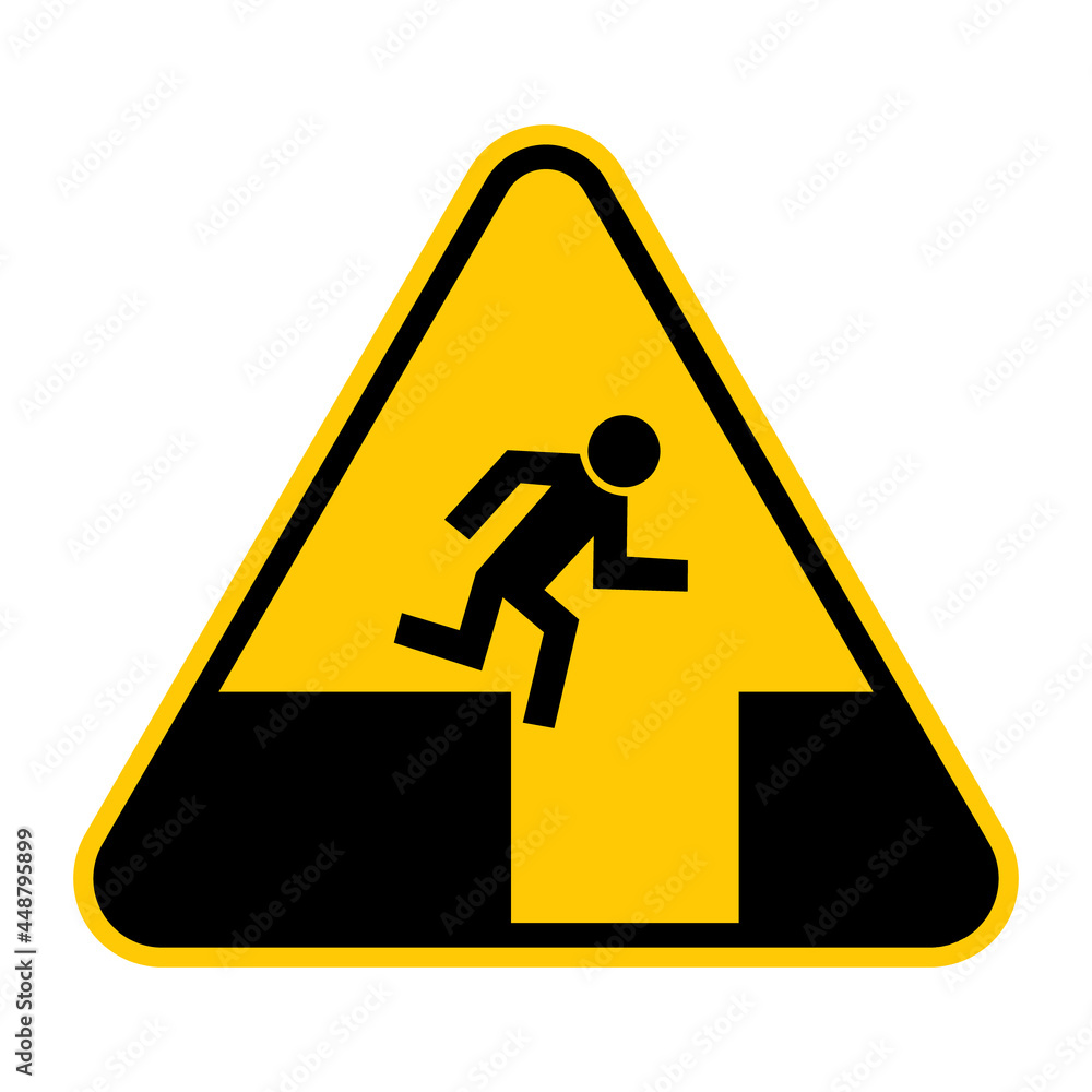 Hole in ground warning sign. Vector illustration of yellow triangle sign with man falling into deep excavation. Risk of death or injury. Large crater symbol. Do not jump. Hole in ground warning sign. Vector illustration of yellow triangle sign with man falling into deep excavation. Risk of death or injury. Large crater symbol. Do not jump.