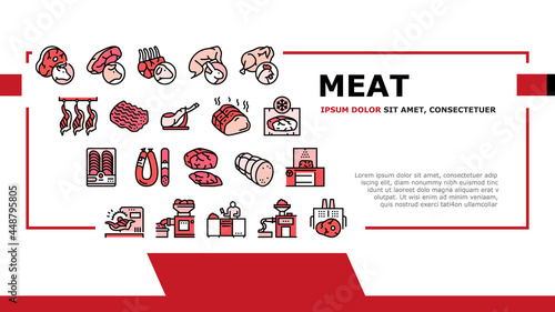 Meat Factory Product Landing Web Page Header Banner Template Vector. Beef And Pork, Chicken And Rabbit Meat, Smoked And Dried Sausage And Ham Manufacturing Illustration