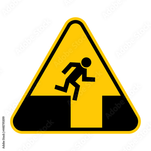 Hole in ground warning sign. Vector illustration of yellow triangle sign with man falling into deep excavation. Risk of death or injury. Large crater symbol. Do not jump.