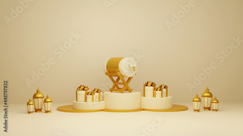 Islamic display decoration composition with 3d traditional bedug drum gift boxes and arabic lanterns