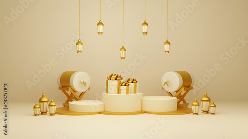 Islamic display decoration composition with 3d traditional bedug drum gift boxes and arabic lanterns