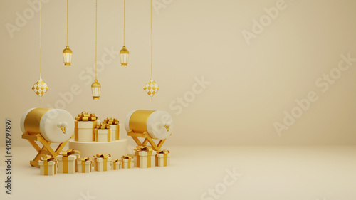 Islamic display decoration composition with 3d traditional bedug drum gift boxes and arabic lanterns