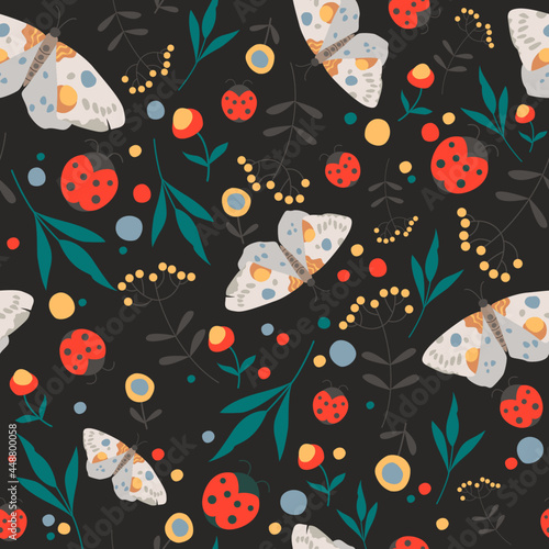 Seamless pattern with flowers, butterflies and ladybag on dark (gray) background. Endless flat vector illustration.