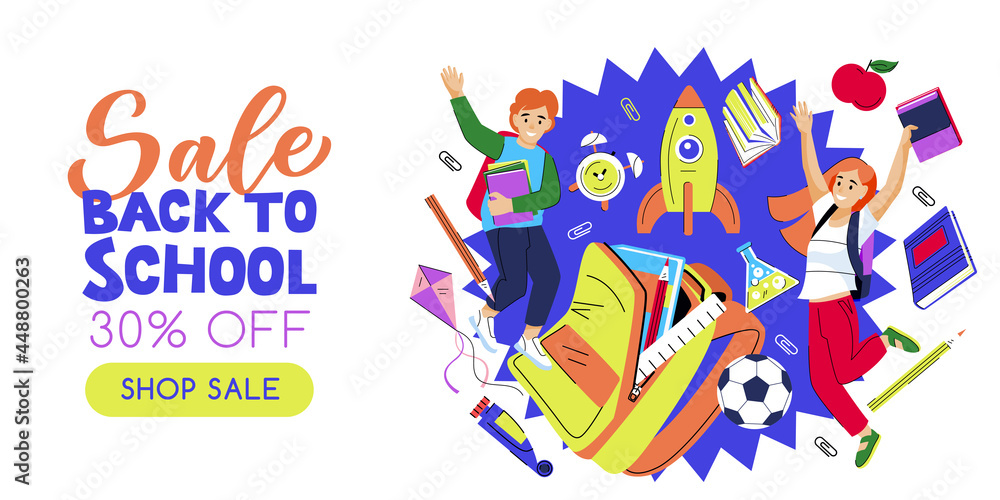 Jumping kids, open school backpack and flying rocket vector illustration. Back to school sale banner poster design