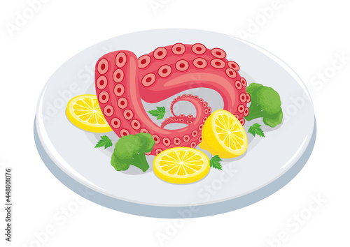 Fried octopus tentacles with broccoli and lemons on a plate. Gourmet dish, delicacy, Mediterranean cuisine, healthy dietary seafood. Vector illustration isolated, cartoon, icon, symbol, object