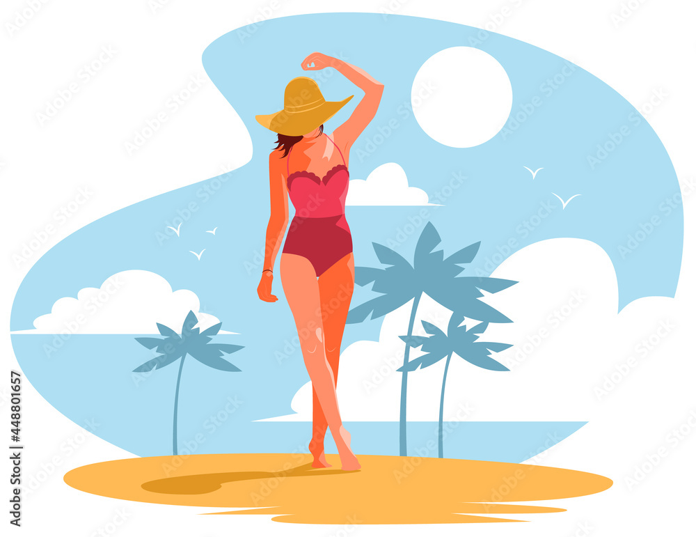 Nice girl in pink and yellow hat on the beach. Vector flat illustration. Vector flat illustration