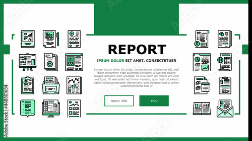 Reports Documentation Landing Web Page Header Banner Template Vector. Scientific And Business, Medical And Financial, Ecology, Technical And Social Reports Illustration