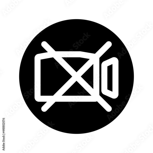 Video Camera glyph icon. Film camera off, round symbol. Forbidden record. Black internet round button for webinar, video chat, ect