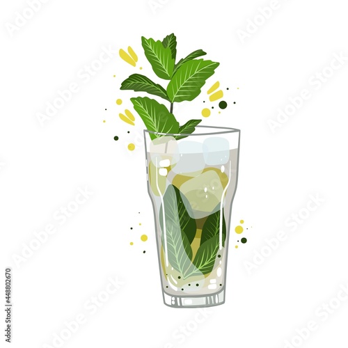 mojito cocktail with lemon, vector clipart, hand drawn food illustration