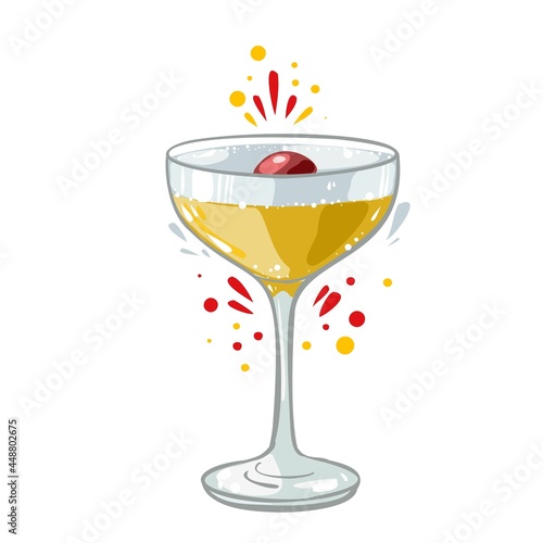 alcohol gin and tonic cocktail with cherry, vector clipart, hand drawn food illustration good for card and print design