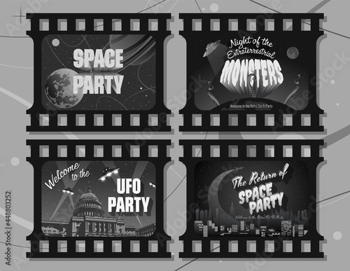 Space and UFO Party Posters, Invitations, Retro Space and Horror Movie Posters Stylization, Black and White Films Illustrations