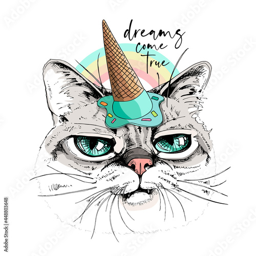 Portrait of the funny Grumpy cat in the Ice cream party hat on a rainbow background. Humor card, t-shirt composition, hand drawn style print. Vector illustration.