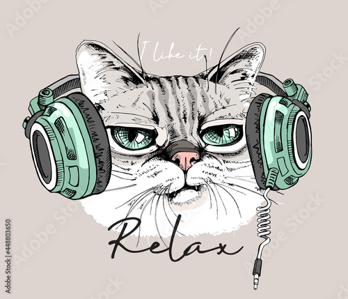 Portrait of the funny relaxed cat in the headphones. Humor card, t-shirt composition, meme, hand drawn style print. Vector illustration.
