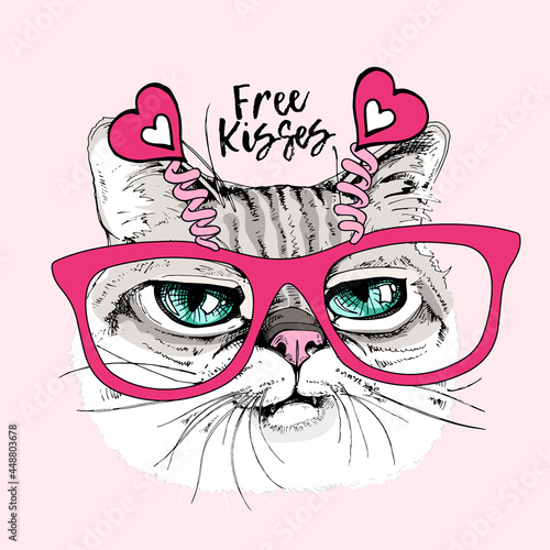 Card of a Valentine's Day. Portrait of the the funny crazy cat in the pink glasses with hearts. Humor card, t-shirt composition, hand drawn style print. Vector illustration.