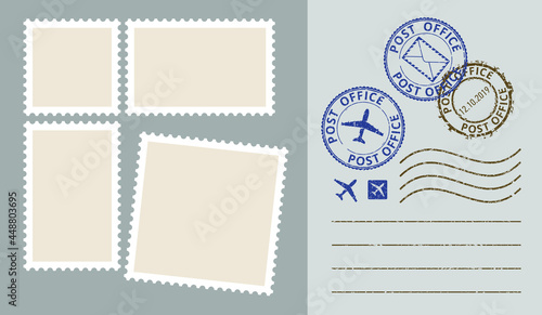 Postal stamps template vector set. Post office stamp. Airpost stamp.