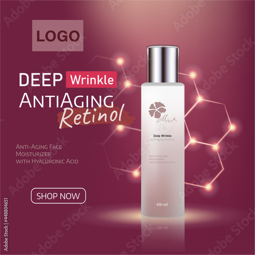 Ads red luxury Cosmetic with professional facial serum on the background of waves and light Effect. Template cosmetic products  Element for design, advertising, promotion of cosmetic