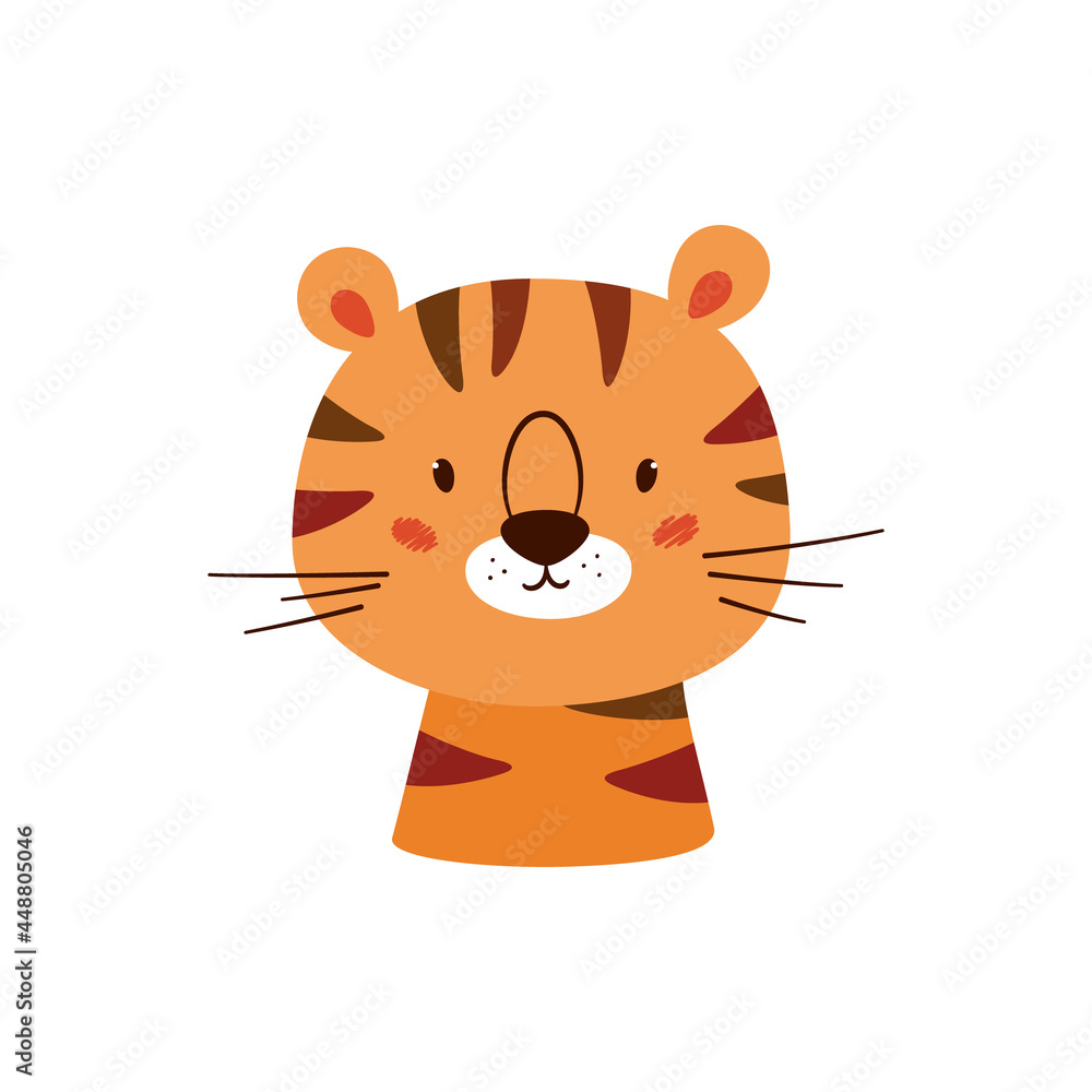 Cute striped tiger. Animal kawaii character. Funny little tiger face. Vector hand drawn illustration isolated on white background.