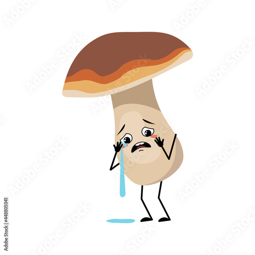 Cute mushroom character with crying and tears emotion, sad face, depressive eyes, arms and legs. A funny healthy wholesome food, forest plant
