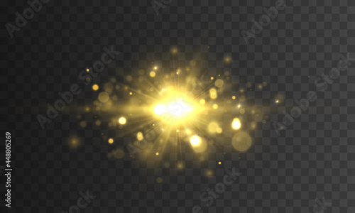 Flare with golden rays of light and magic sparkles. Bright Star. Abstract golden rays will raise. Transparent glitter gradient gloss, bright flash. Gold shining sun with transparent rays. Vector.