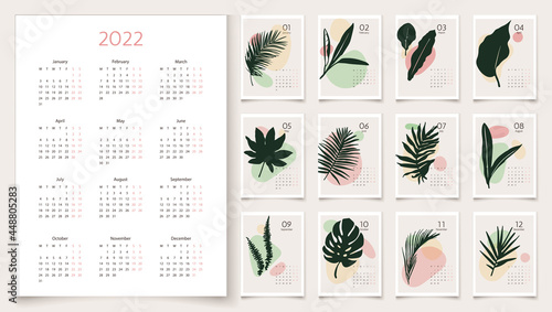 Vertical 2022 calendar design. Week starts on Monday. Editable calendar page template A4, A3. Abstract artistic vector illustrations with palm leaves in pastel colors. Set of 12 months