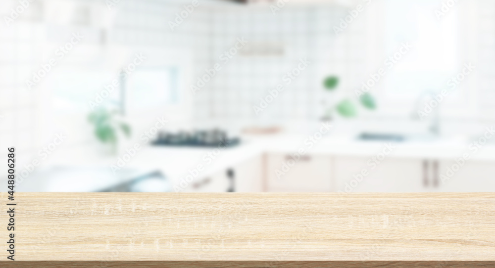 Empty wood table top on blurred kitchen counter background - can be used for display or product display concept. Empty wood table top on blurred kitchen counter background - can be used for display or product display concept.