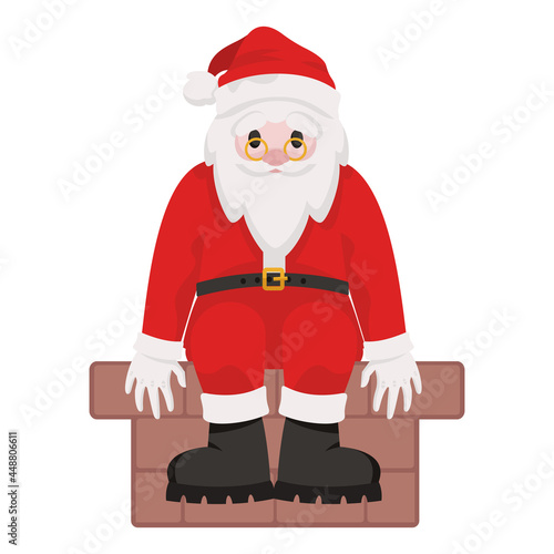 Santa Claus sitting on chimney pipe. Christmas character in cartoon style