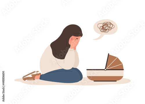 Postpartum depression. Arab tired woman leaning over newborn baby and covering face with hand. Young mother needs psychological help. Mood disorder. Vector illustration in flat cartoon style.