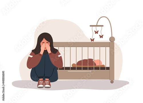Postpartum depression. Arab tired woman sitting on the floor, crying and hugging her knees. Young mother needs psychological help. Mood disorder. Vector illustration in flat cartoon style.