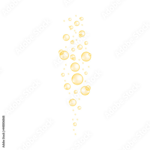 Golden bubbles stream. Fizzy carbonated drink, soda, champagne, seltzer texture. Glossy balls of collagen, serum, jojoba cosmetic oil, vitamin A or E, omega fatty acids. Vector realistic illustration