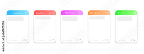 Chatbot window design collection. Life chat templates set. Customer service online forms. Virtual assistant bot layouts. Mobile messenger app examples. Vector illustration.
