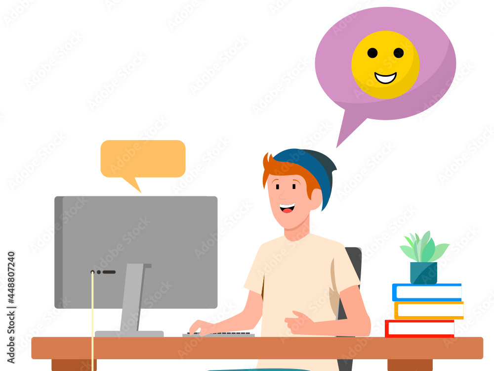 Young man working at a desk with a desktop computer, while sending messages or chatting. With a comic balloon that has a happy emoticon