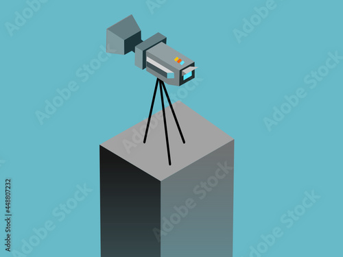 Professional video camera for television or videoblogs, in isometric form on a cube.