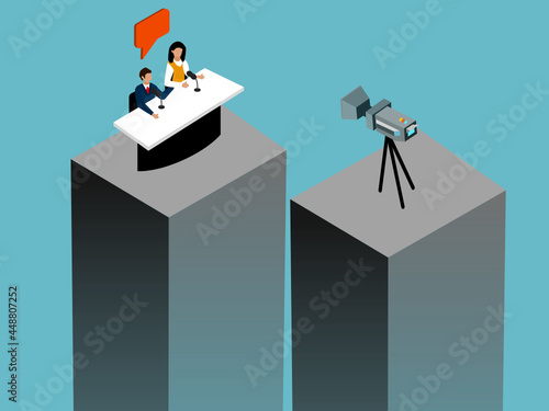 A pair of commentators, a woman and a man, who comment on television or by videoblog about an event.