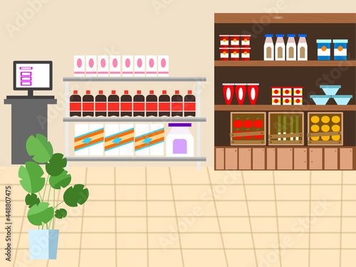 Small self-service store, with various products, such as soft drinks, toilet paper, vegetables, fruits, yogurt, on display shelves