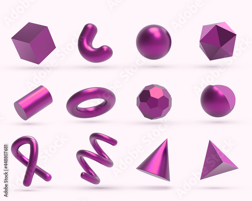 Realistic 3D pink metal Geometric Shapes Objects. Realistic geometry elements isolated on white background with metallic color gradient.